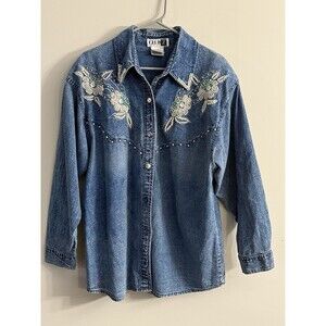 Vintage Club Z Acid Wash‎ Denim Shirt 80s With Bedazzled Applique Detail
